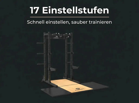 Titanium Strength Half Rack TR60 mit Liftingplattform TP60 – Grafik zu den Einstellstufen des Racks auf der Plattform