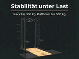 Titanium Strength Half Rack TR60 mit Liftingplattform TP60 – Grafik zur Stabilität unter Last mit Rack auf der Plattform
