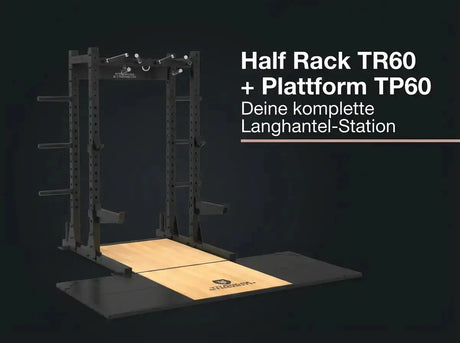 Titanium Strength Half Rack TR60 mit Liftingplattform TP60 – Übersichtsgrafik mit Rack und Plattform vor dunklem Hintergrund