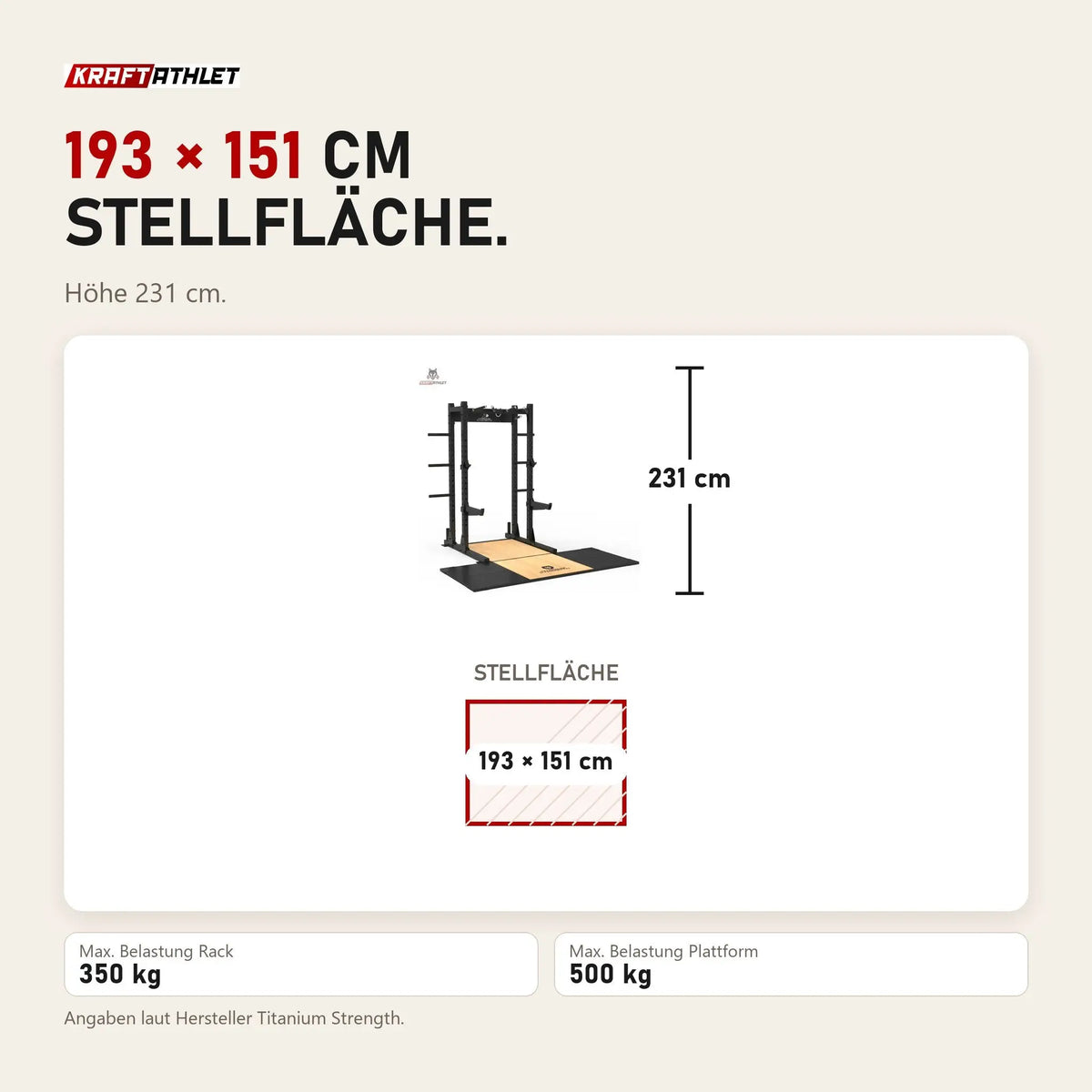 Maßbild Titanium Strength Half Rack TR60 mit Liftingplattform TP60: Stellfläche 193 × 151 cm, Höhe 231 cm