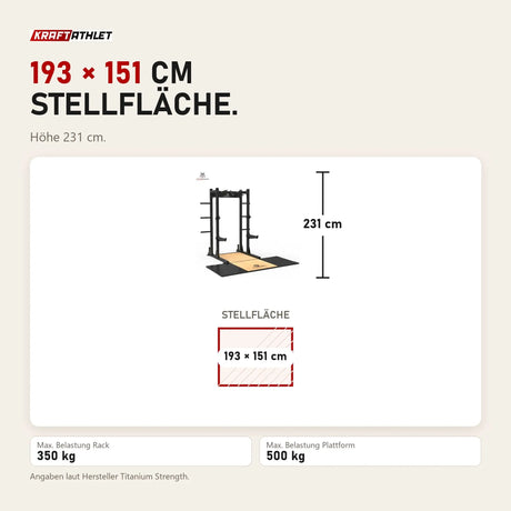 Maßbild Titanium Strength Half Rack TR60 mit Liftingplattform TP60: Stellfläche 193 × 151 cm, Höhe 231 cm