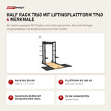 Titanium Strength Half Rack TR60 mit Liftingplattform TP60 mit 4 Merkmalen: Rack bis 350 kg, Plattform bis 500 kg, Massivholzkern mit rutschfestem Vinyl, 30 mm Gummiseiten