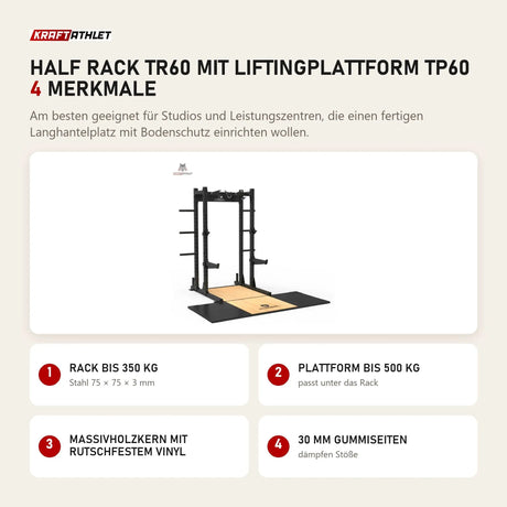 Titanium Strength Half Rack TR60 mit Liftingplattform TP60 mit 4 Merkmalen: Rack bis 350 kg, Plattform bis 500 kg, Massivholzkern mit rutschfestem Vinyl, 30 mm Gummiseiten