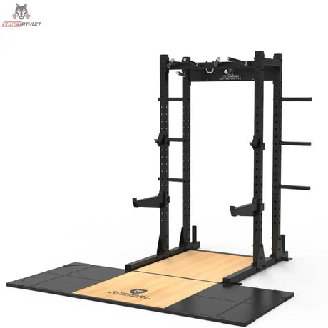Titanium Strength Half Rack TR60 mit Liftingplattform TP60 – Seitliche Schrägansicht mit Plattform und Rahmen