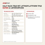 Technische Daten und Lieferumfang von Titanium Strength Half Rack TR60 mit Liftingplattform TP60 als Tabelle