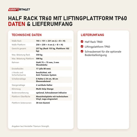 Technische Daten und Lieferumfang von Titanium Strength Half Rack TR60 mit Liftingplattform TP60 als Tabelle