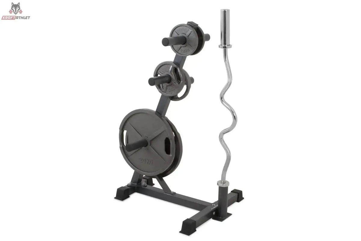 Titanium Strength Hantelscheibenständer OPT mit Hantelscheiben und SZ-Stange beladen, Seitenansicht