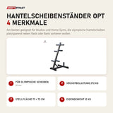 Titanium Strength Hantelscheibenständer OPT mit 4 Merkmalen: Für olympische Scheiben, Höchstbelastung 272 kg, Stellfläche 73 × 72 cm, Eigengewicht 12 kg