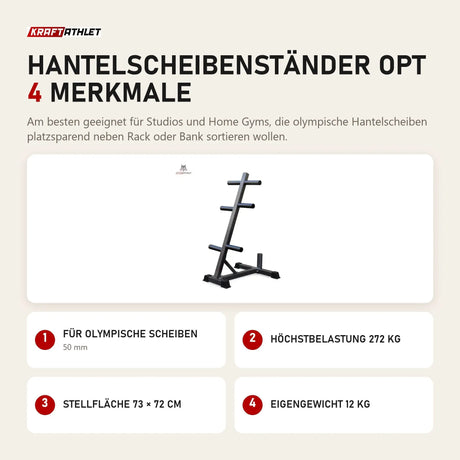 Titanium Strength Hantelscheibenständer OPT mit 4 Merkmalen: Für olympische Scheiben, Höchstbelastung 272 kg, Stellfläche 73 × 72 cm, Eigengewicht 12 kg