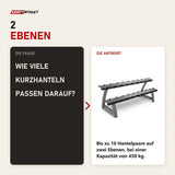 Frage und Antwort zu Titanium Strength Hantelständer mit Ablagen 2 Ebenen für 10 Paare: Wie viele Kurzhanteln passen darauf?
