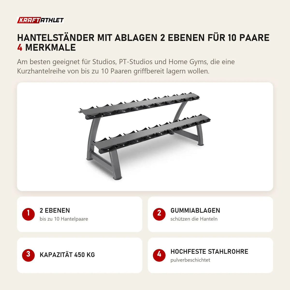 Titanium Strength Hantelständer mit Ablagen 2 Ebenen für 10 Paare mit 4 Merkmalen: 2 Ebenen, Gummiablagen, Kapazität 450 kg, Hochfeste Stahlrohre