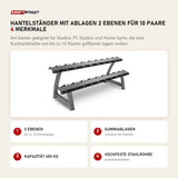 Titanium Strength Hantelständer mit Ablagen 2 Ebenen für 10 Paare mit 4 Merkmalen: 2 Ebenen, Gummiablagen, Kapazität 450 kg, Hochfeste Stahlrohre