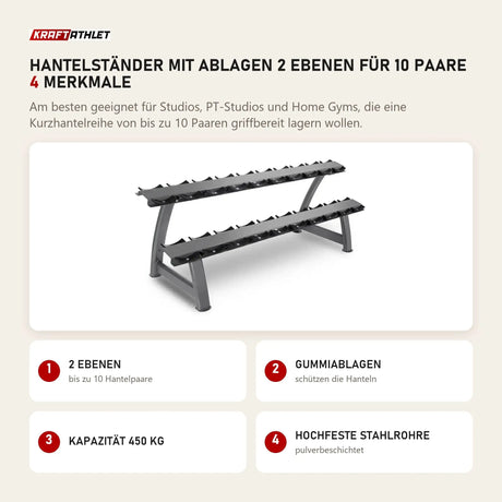 Titanium Strength Hantelständer mit Ablagen 2 Ebenen für 10 Paare mit 4 Merkmalen: 2 Ebenen, Gummiablagen, Kapazität 450 kg, Hochfeste Stahlrohre