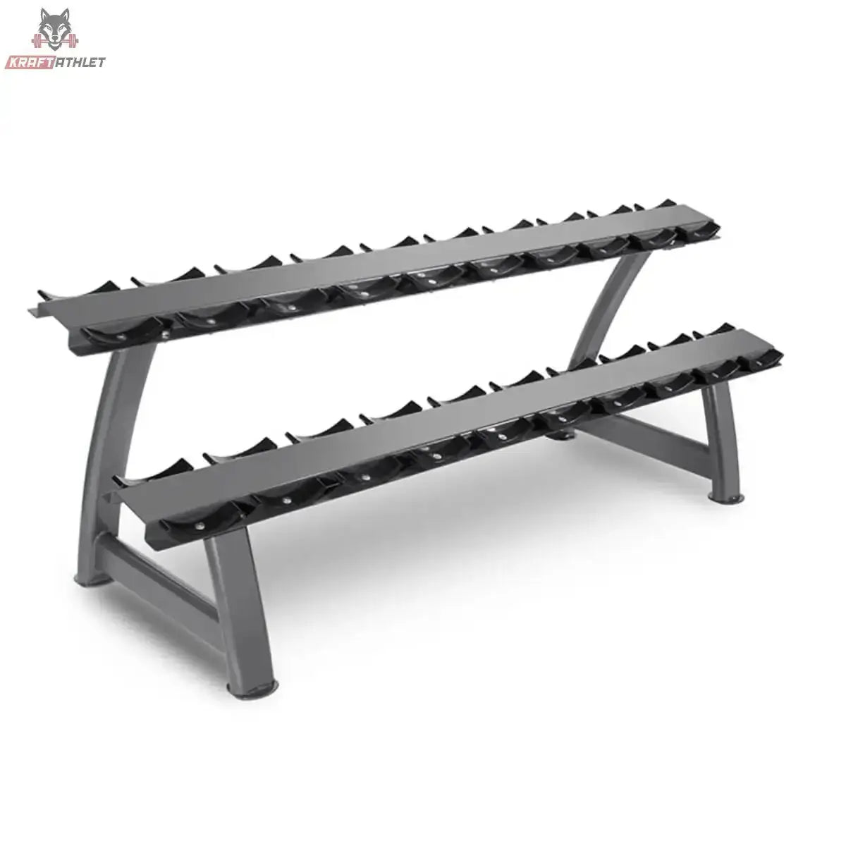 Titanium Strength Hantelständer mit Ablagen 2 Ebenen für 10 Paare in Grau, Schrägansicht mit 20 Hantelmulden