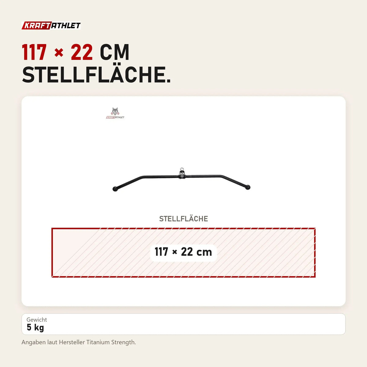Maßbild Titanium Strength HB01 Breiter Latzug-Griff: Stellfläche 117 × 22 cm