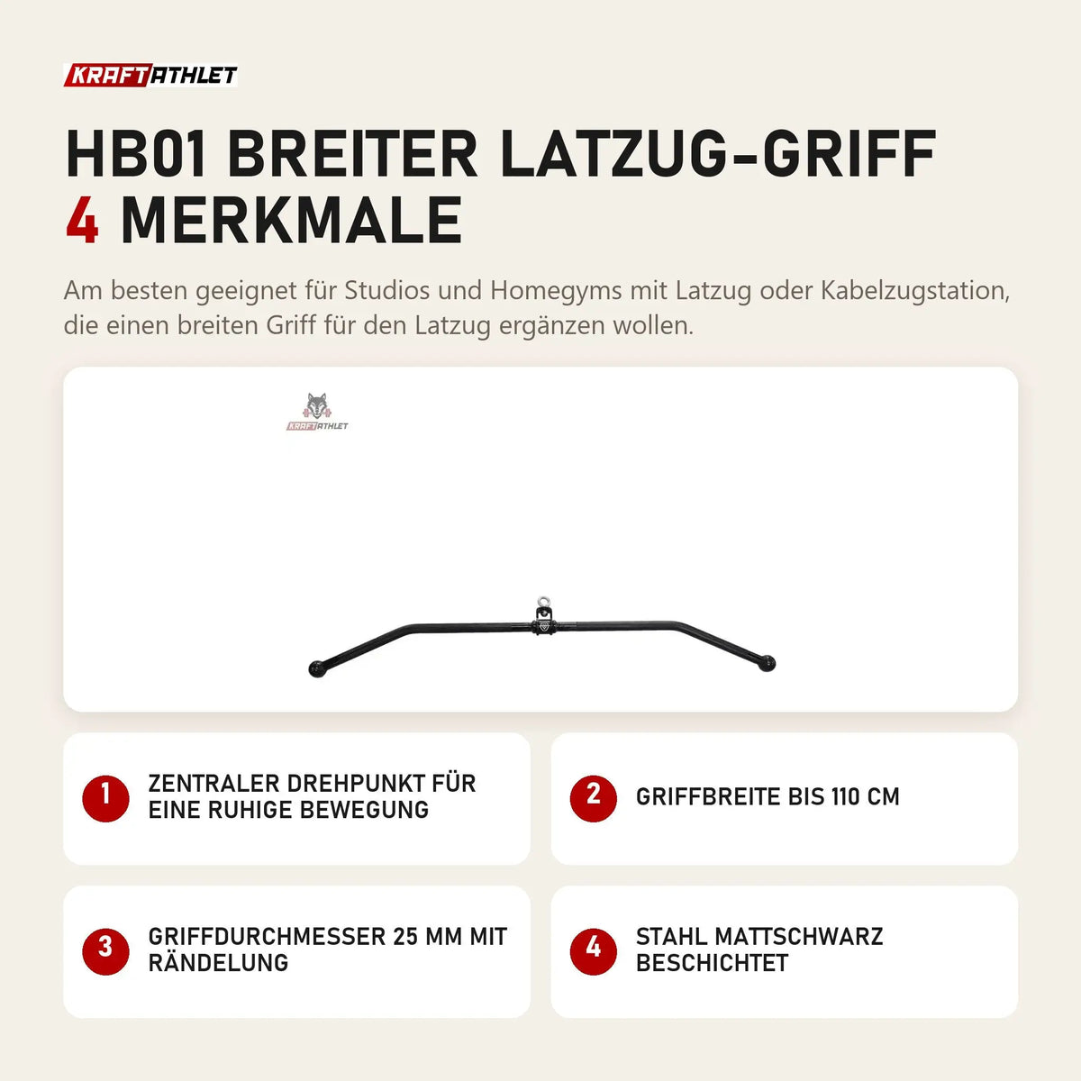 Titanium Strength HB01 Breiter Latzug-Griff mit 4 Merkmalen: Zentraler Drehpunkt für eine ruhige Bewegung, Griffbreite bis 110 cm, Griffdurchmesser 25 mm mit Rändelung, Stahl mattschwarz beschichtet