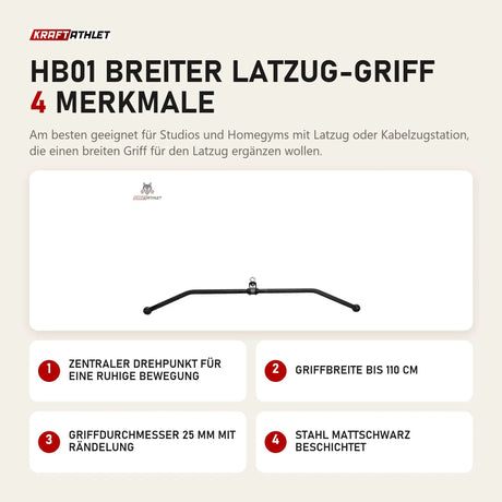 Titanium Strength HB01 Breiter Latzug-Griff mit 4 Merkmalen: Zentraler Drehpunkt für eine ruhige Bewegung, Griffbreite bis 110 cm, Griffdurchmesser 25 mm mit Rändelung, Stahl mattschwarz beschichtet