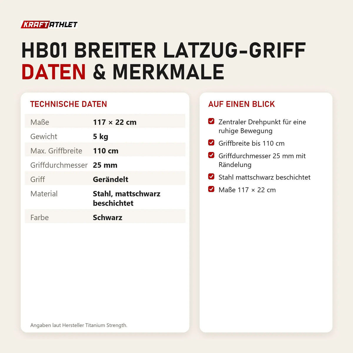Technische Daten und Merkmale von Titanium Strength HB01 Breiter Latzug-Griff als Tabelle