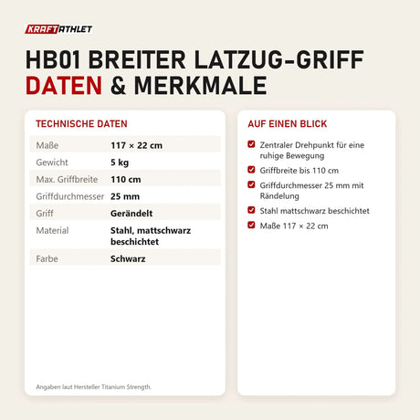 Technische Daten und Merkmale von Titanium Strength HB01 Breiter Latzug-Griff als Tabelle
