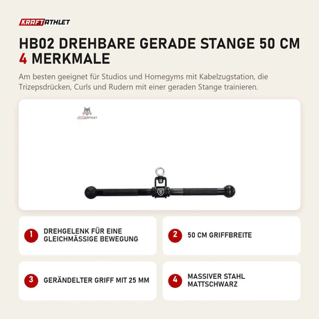 Titanium Strength HB02 Drehbare Gerade Stange 50 cm mit 4 Merkmalen: Drehgelenk für eine gleichmäßige Bewegung, 50 cm Griffbreite, Gerändelter Griff mit 25 mm, Massiver Stahl mattschwarz
