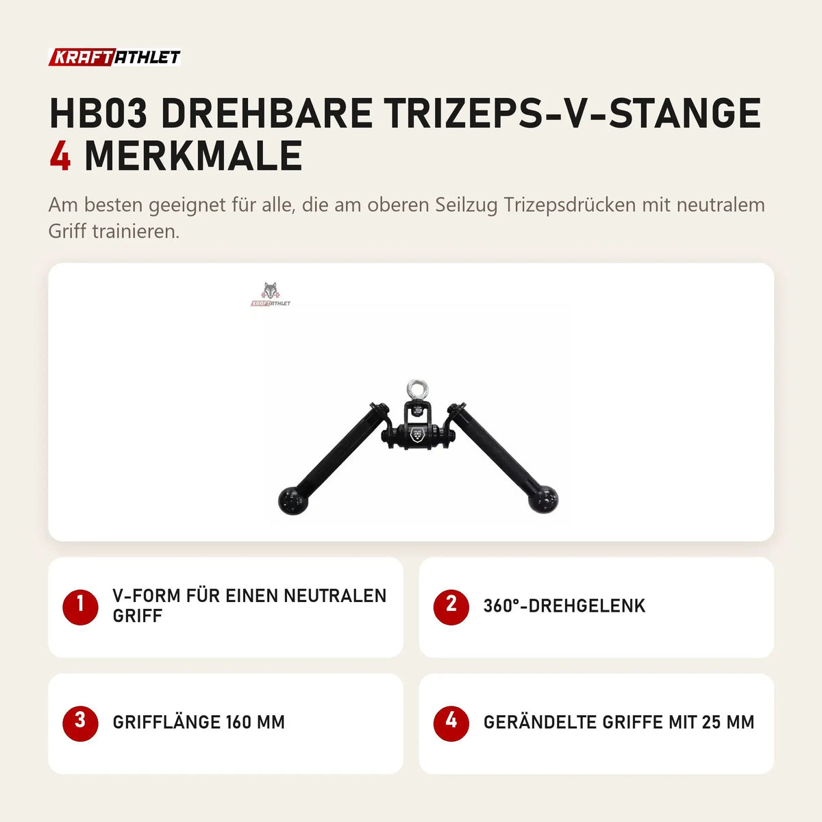 Titanium Strength HB03 Drehbare Trizeps-V-Stange mit 4 Merkmalen: V-Form für einen neutralen Griff, 360°-Drehgelenk, Grifflänge 160 mm, Gerändelte Griffe mit 25 mm