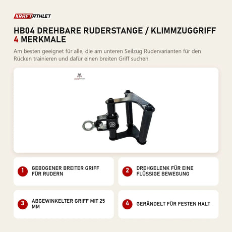 Titanium Strength HB04 Drehbare Ruderstange / Klimmzuggriff mit 4 Merkmalen: Gebogener breiter Griff für Rudern, Drehgelenk für eine flüssige Bewegung, Abgewinkelter Griff mit 25 mm, Gerändelt für festen Halt