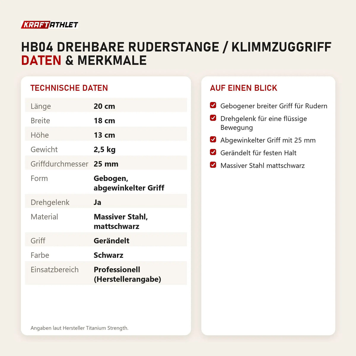 Technische Daten und Merkmale von Titanium Strength HB04 Drehbare Ruderstange / Klimmzuggriff als Tabelle