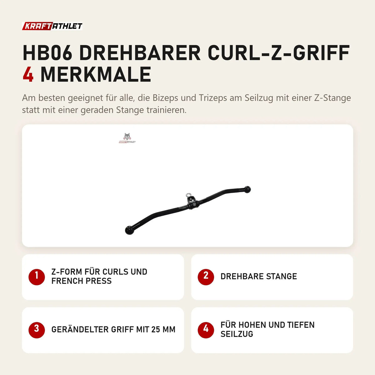 Titanium Strength HB06 Drehbarer Curl-Z-Griff mit 4 Merkmalen: Z-Form für Curls und French Press, Drehbare Stange, Gerändelter Griff mit 25 mm, Für hohen und tiefen Seilzug
