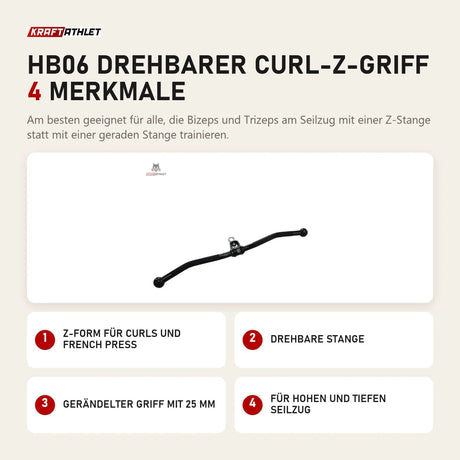 Titanium Strength HB06 Drehbarer Curl-Z-Griff mit 4 Merkmalen: Z-Form für Curls und French Press, Drehbare Stange, Gerändelter Griff mit 25 mm, Für hohen und tiefen Seilzug