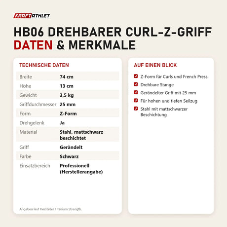 Technische Daten und Merkmale von Titanium Strength HB06 Drehbarer Curl-Z-Griff als Tabelle