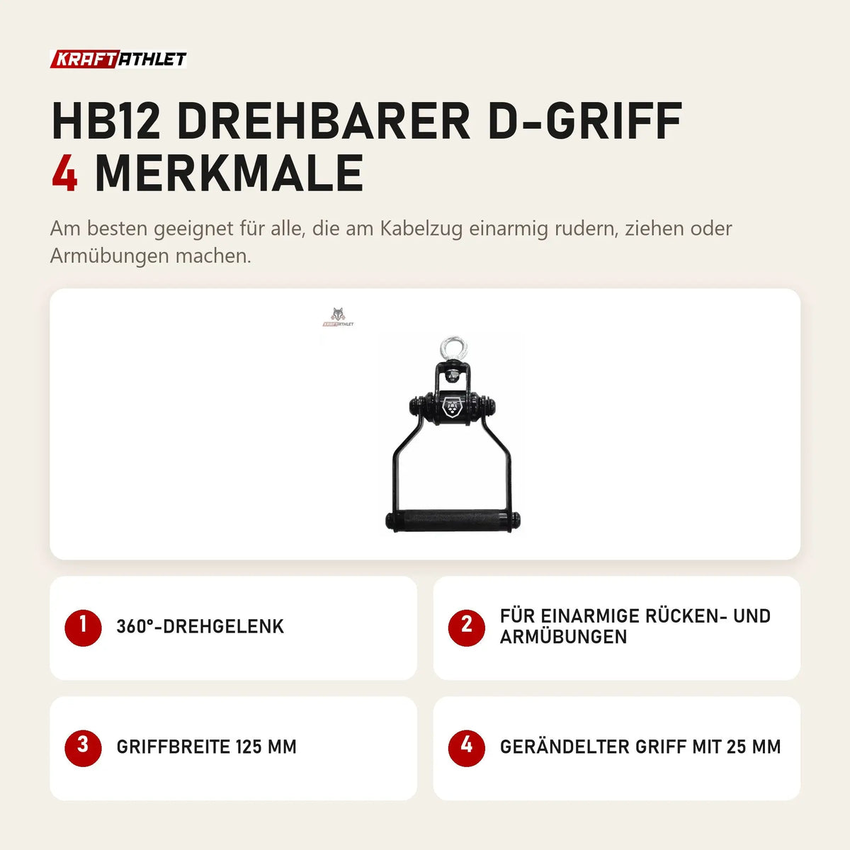 Titanium Strength HB12 Drehbarer D-Griff mit 4 Merkmalen: 360°-Drehgelenk, Für einarmige Rücken- und Armübungen, Griffbreite 125 mm, Gerändelter Griff mit 25 mm