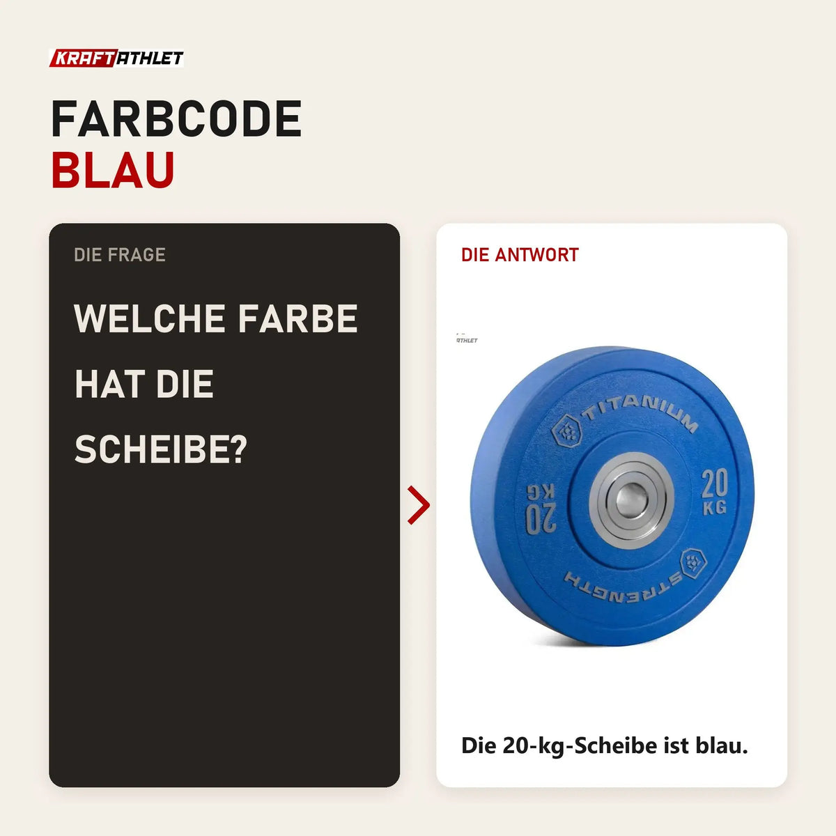 Frage und Antwort zu Titanium Strength HBPC Pro Bumper Plate 20 kg blau: Welche Farbe hat die Scheibe?