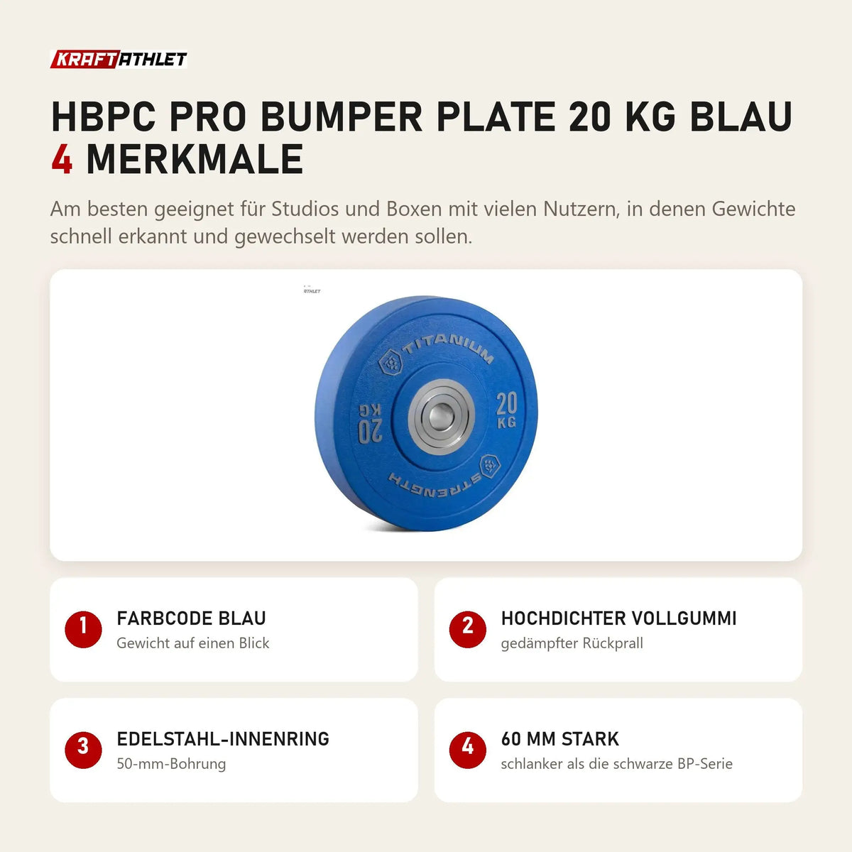 Titanium Strength HBPC Pro Bumper Plate 20 kg blau mit 4 Merkmalen: Farbcode blau, Hochdichter Vollgummi, Edelstahl-Innenring, 60 mm stark