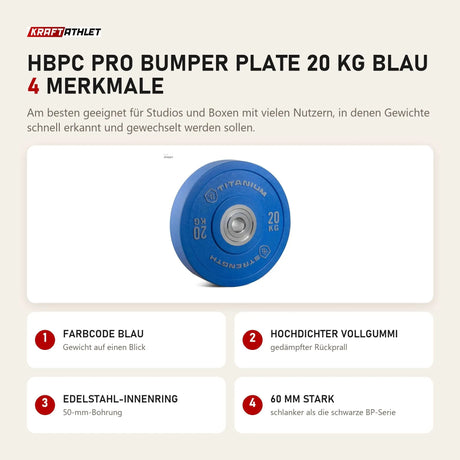 Titanium Strength HBPC Pro Bumper Plate 20 kg blau mit 4 Merkmalen: Farbcode blau, Hochdichter Vollgummi, Edelstahl-Innenring, 60 mm stark