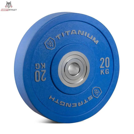 Titanium Strength HBPC Pro Bumper Plate 20 kg blau, Schrägansicht mit Edelstahl-Einsatz und Gewichtsprägung