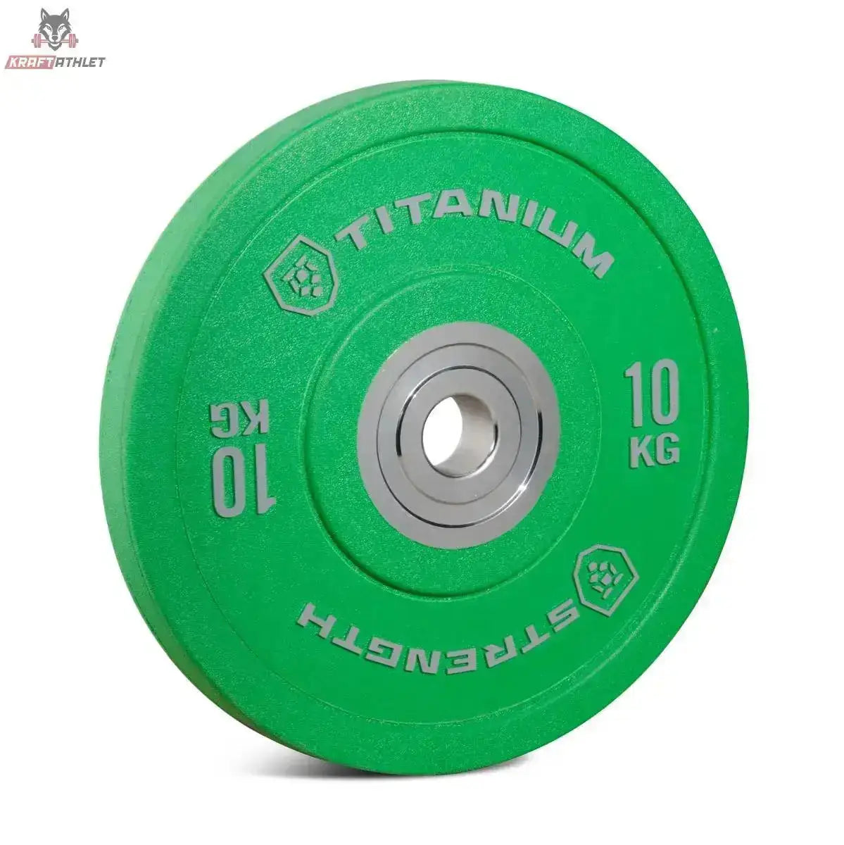 Titanium Strength HBPC Pro Bumper Plate 20 kg blau, Variante 10 kg in Grün, Schrägansicht