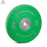 Titanium Strength HBPC Pro Bumper Plate 20 kg blau, Variante 10 kg in Grün, Schrägansicht