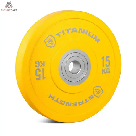 Titanium Strength HBPC Pro Bumper Plate 20 kg blau, Variante 15 kg in Gelb, Schrägansicht