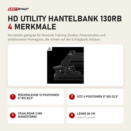 Titanium Strength HD Utility Hantelbank 130RB mit 4 Merkmalen: Rückenlehne 13 Positionen 0° bis 82,5°, Sitz 4 Positionen 0° bis 22,5°, Stahlrohr 3 mm Wandstärke, Lehne 86 cm