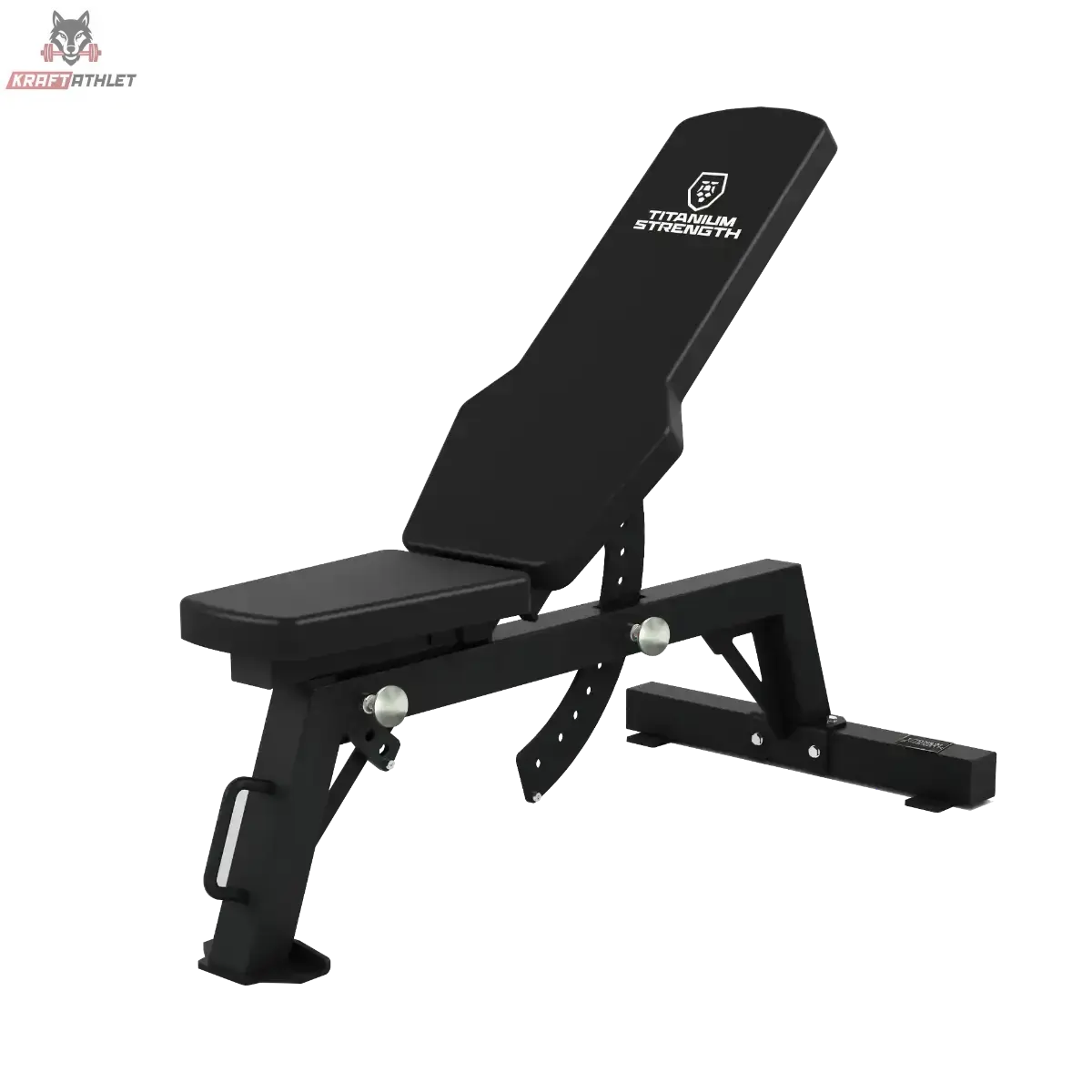 Titanium Strength HD Utility Hantelbank 130RB in Schwarz, Schrägansicht mit angestellter Rückenlehne