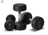 Titanium Strength HD25 Gummi-Hantelset 2,5–25 kg mit Rack im Detail: Rundhanteln mit 5 und 10 kg Aufdruck