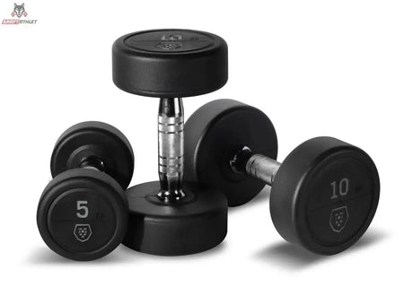 Titanium Strength HD25 Gummi-Hantelset 2,5–25 kg mit Rack im Detail: Rundhanteln mit 5 und 10 kg Aufdruck