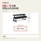 Maßbild Titanium Strength HD25 Gummi-Hantelset 2,5–25 kg mit Rack: Stellfläche 200 × 73 cm, Höhe 84 cm