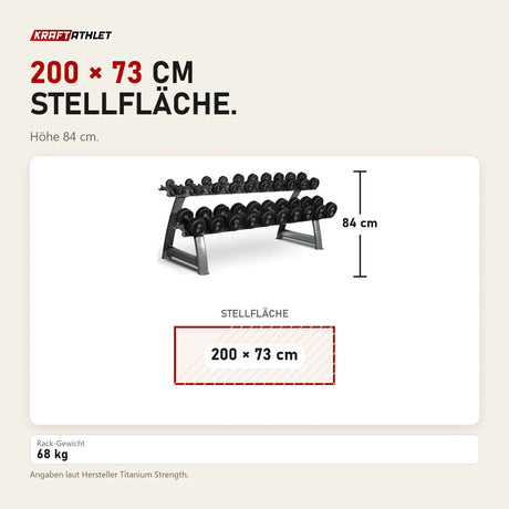 Maßbild Titanium Strength HD25 Gummi-Hantelset 2,5–25 kg mit Rack: Stellfläche 200 × 73 cm, Höhe 84 cm