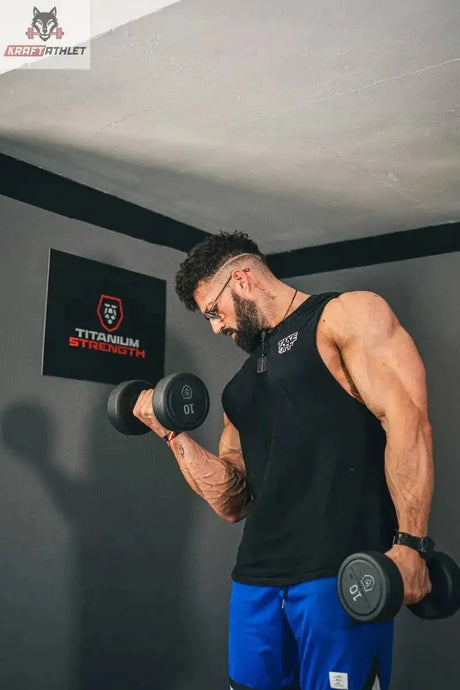 Titanium Strength HD25 Gummi-Hantelset 2,5–25 kg mit Rack im Einsatz, Mann trainiert Bizepscurls im Studio