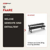 Frage und Antwort zu Titanium Strength HD30 Gummi-Hantelset 2,5–30 kg mit Rack: Welche Gewichte sind enthalten?
