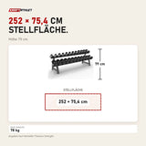 Maßbild Titanium Strength HD30 Gummi-Hantelset 2,5–30 kg mit Rack: Stellfläche 252 × 75,4 cm, Höhe 79 cm