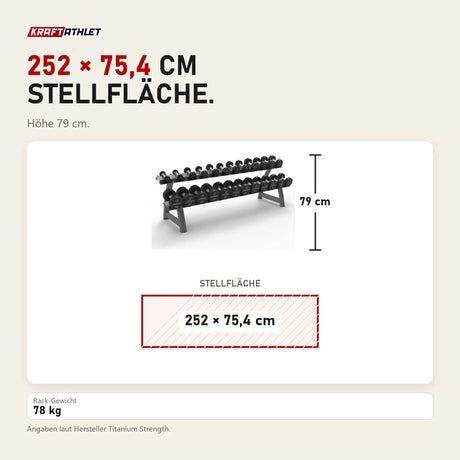 Maßbild Titanium Strength HD30 Gummi-Hantelset 2,5–30 kg mit Rack: Stellfläche 252 × 75,4 cm, Höhe 79 cm