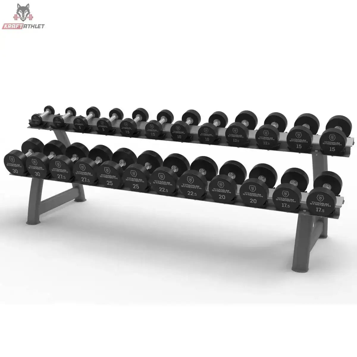 Titanium Strength HD30 Gummi-Hantelset 2,5–30 kg mit Rack – Schrägansicht von der anderen Seite mit beiden Hantelreihen