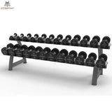 Titanium Strength HD30 Gummi-Hantelset 2,5–30 kg mit Rack – Schrägansicht von der anderen Seite mit beiden Hantelreihen